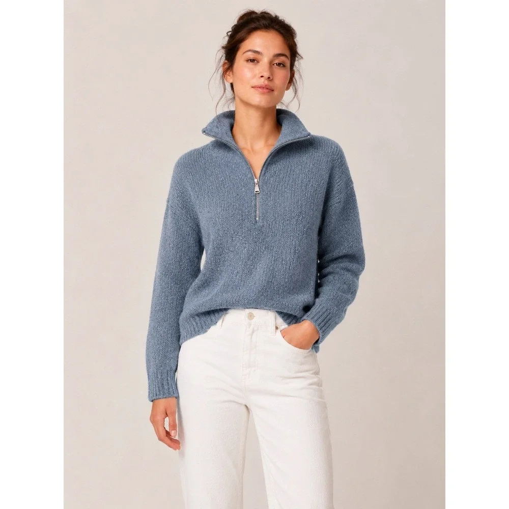 J.Crew Womens Half Zip Sweater XS Blue Merino Wool Alpaca Blend Pullover Preppy